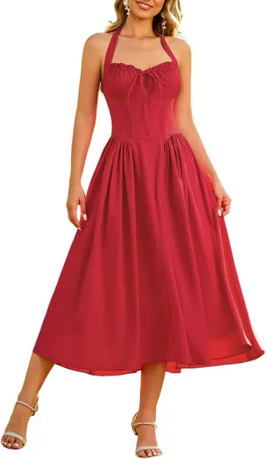 XinFSh Women's Summer Halter Midi Dress Casual Sleeveless Flowy Corset Dresses Sweetheart Milkmaid Beach Vacation Sundress