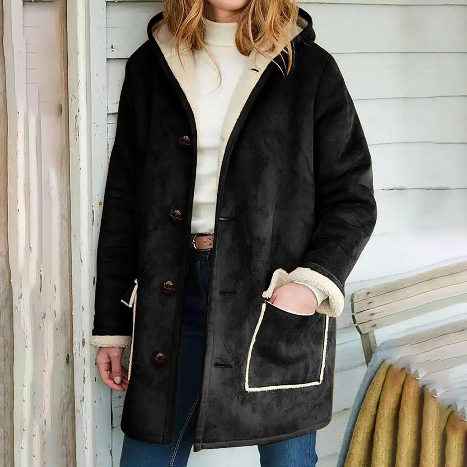 XUNRYAN Womens Fashion Suede Sherpa Fleece Jacket Trench Coats Thicken Winter Warm Sherpa Coat Hooded Peacoat Shearling Parka