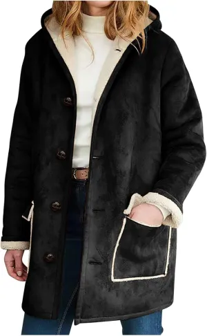 XUNRYAN Womens Fashion Suede Sherpa Fleece Jacket Trench Coats Thicken Winter Warm Sherpa Coat Hooded Peacoat Shearling Parka