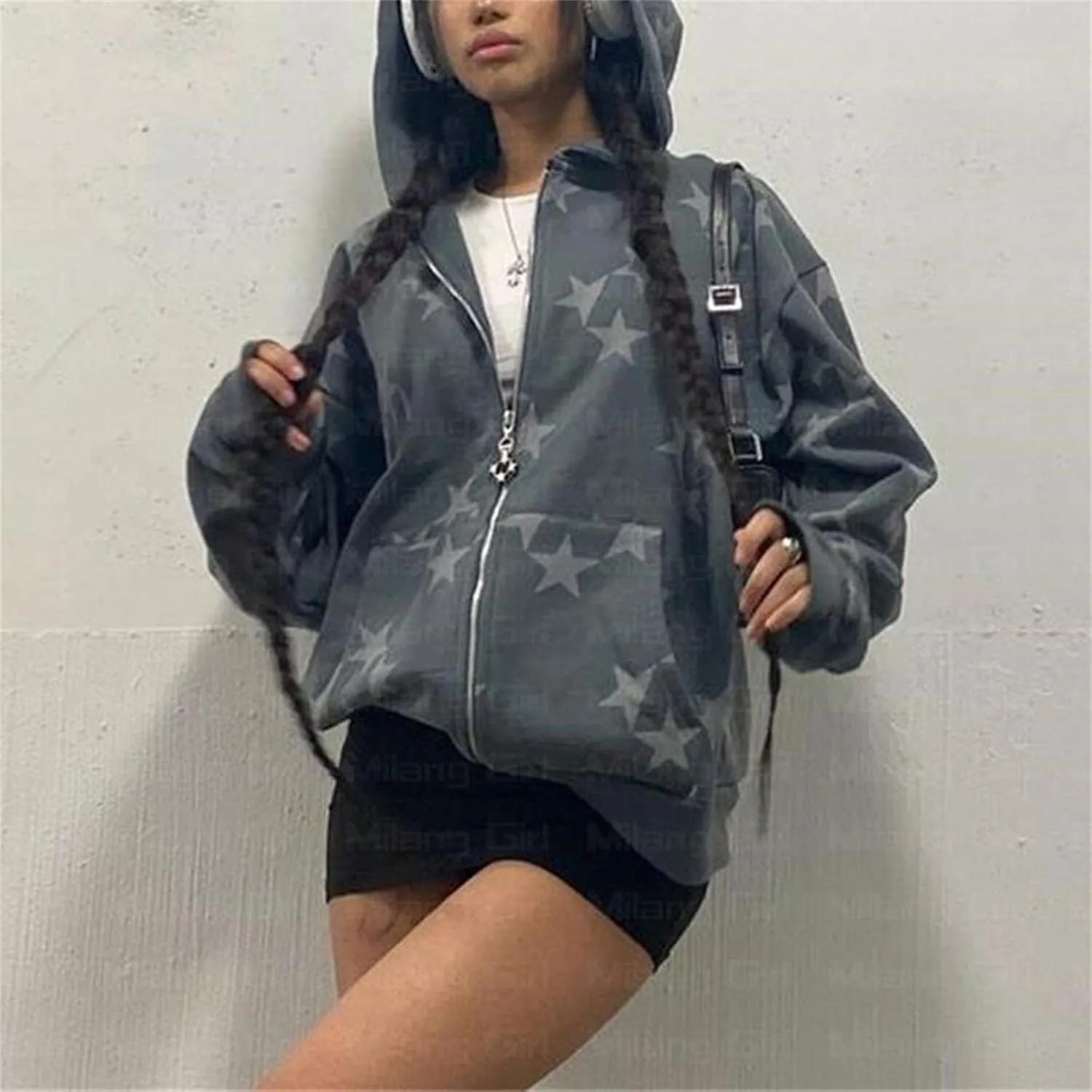 Y2k Zip Up Hoodies for Teen Girls Aesthetic Trendy Oversized Sweatshirt Womens 2022 Star Graphic Print Jackets