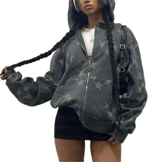 Y2k Zip Up Hoodies for Teen Girls Aesthetic Trendy Oversized Sweatshirt Womens 2022 Star Graphic Print Jackets