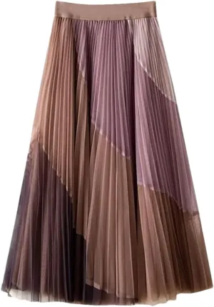 YTR6TW Women's Patchwork Pleated Midi Skirts Spring Summer Fashion Streetwear Casual Elastic High Waist Skirt