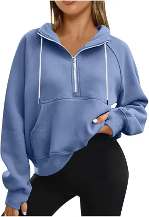 Zip Up Hoodie Women Cropped Long Sleeve Sweatshirts Trendy Pockets Jackets Spring Fall Daily Workout Pullover Tops