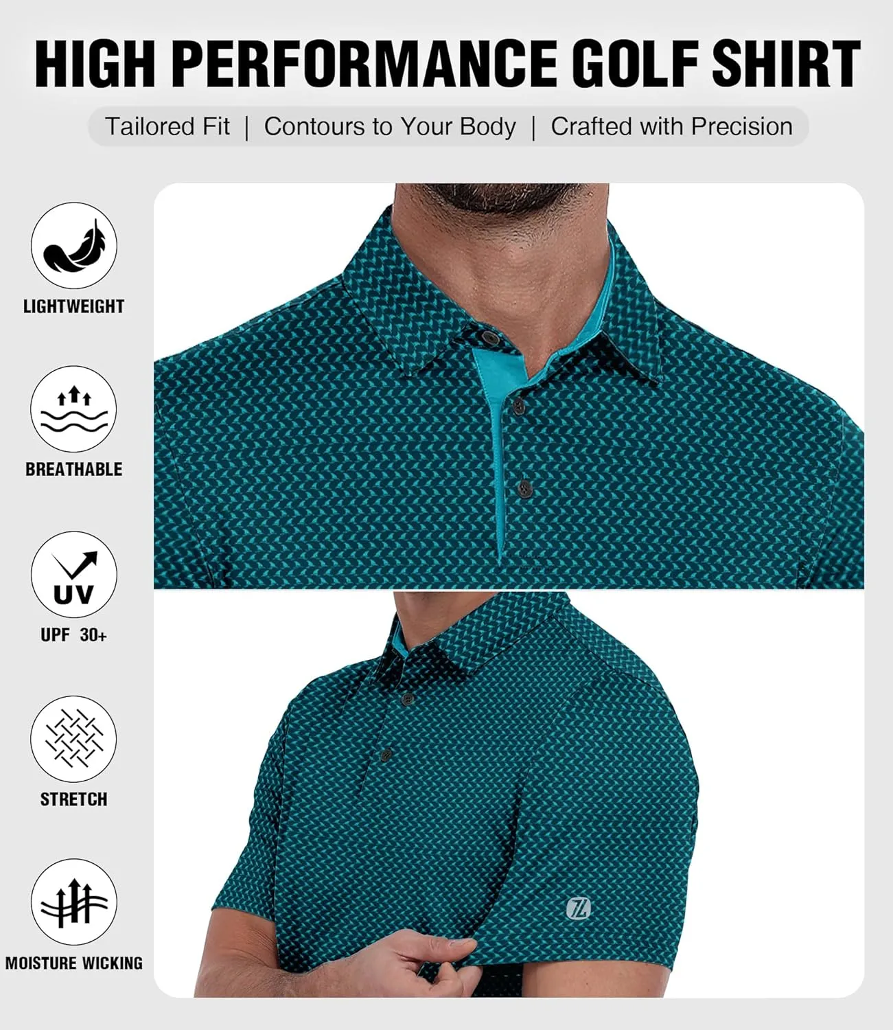 ZITY Men's Golf Polo Shirt Short Sleeve Performance Moisture Wicking Collared Print Shirt for Golf and Casual Wear